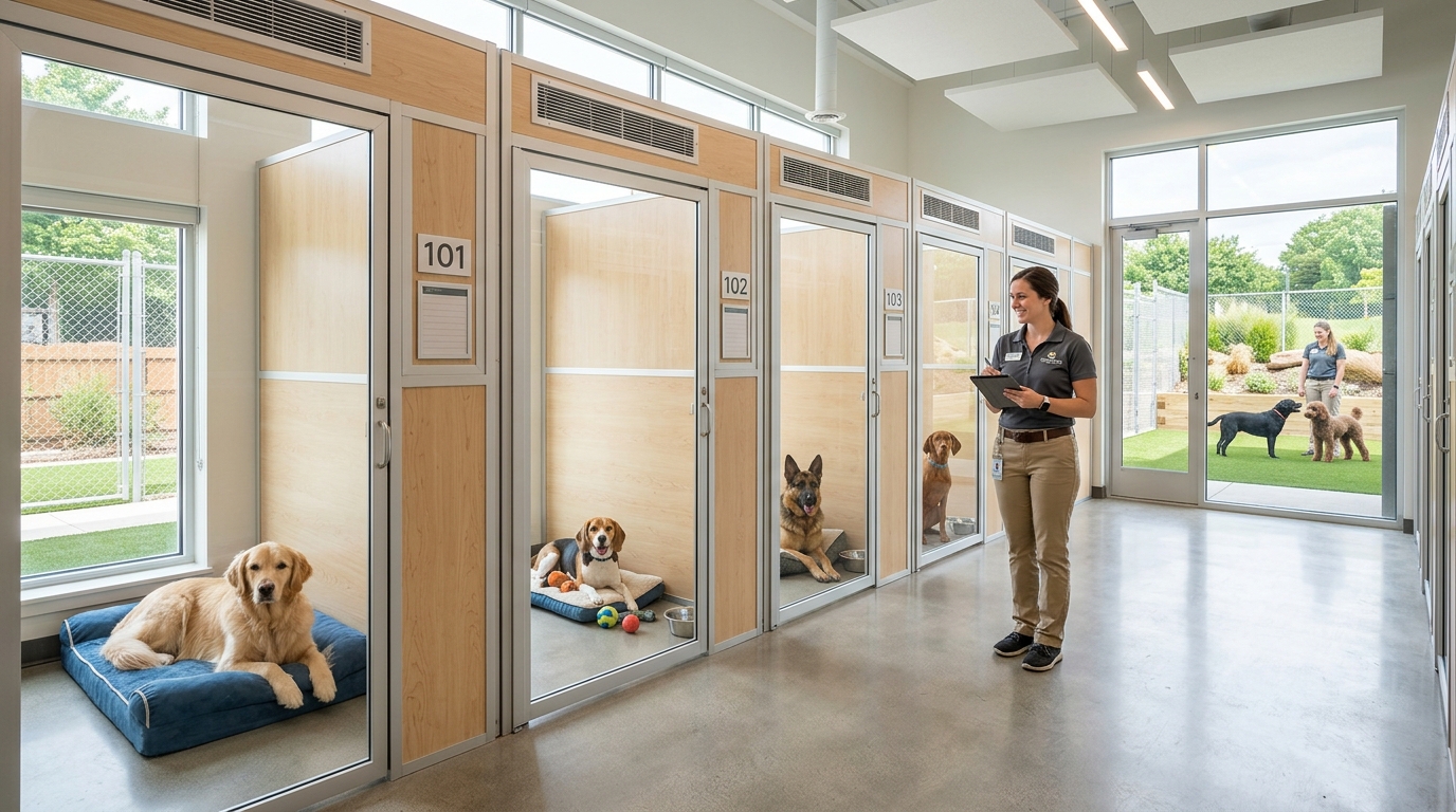 Dogs staying in separate boarding spaces for safety and comfort