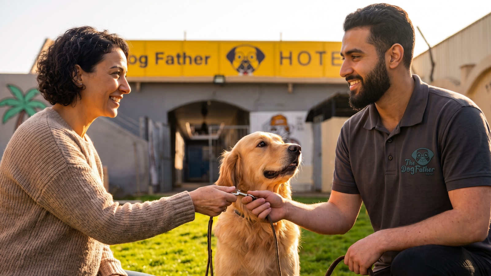 Dog owner preparing their dog for boarding at a luxury dog hotel in Cairo