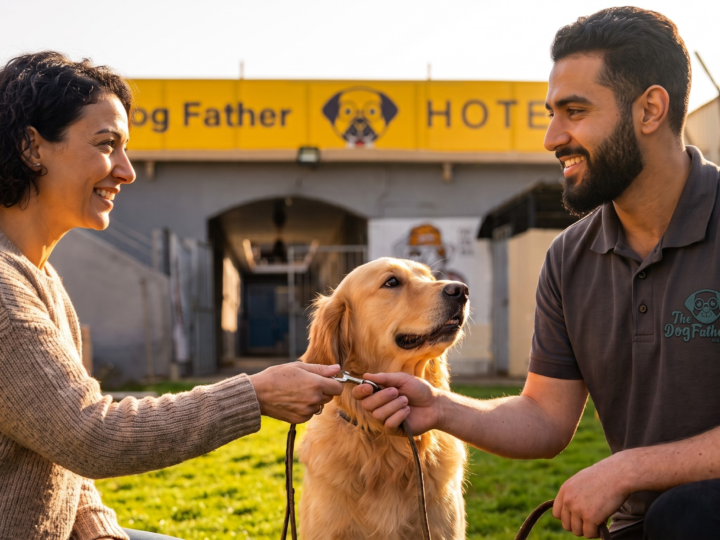 Dog owner preparing their dog for boarding at a luxury dog hotel in Cairo