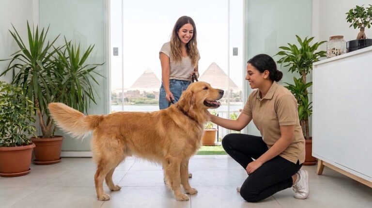 Dog owner arriving at a dog boarding hotel in Cairo